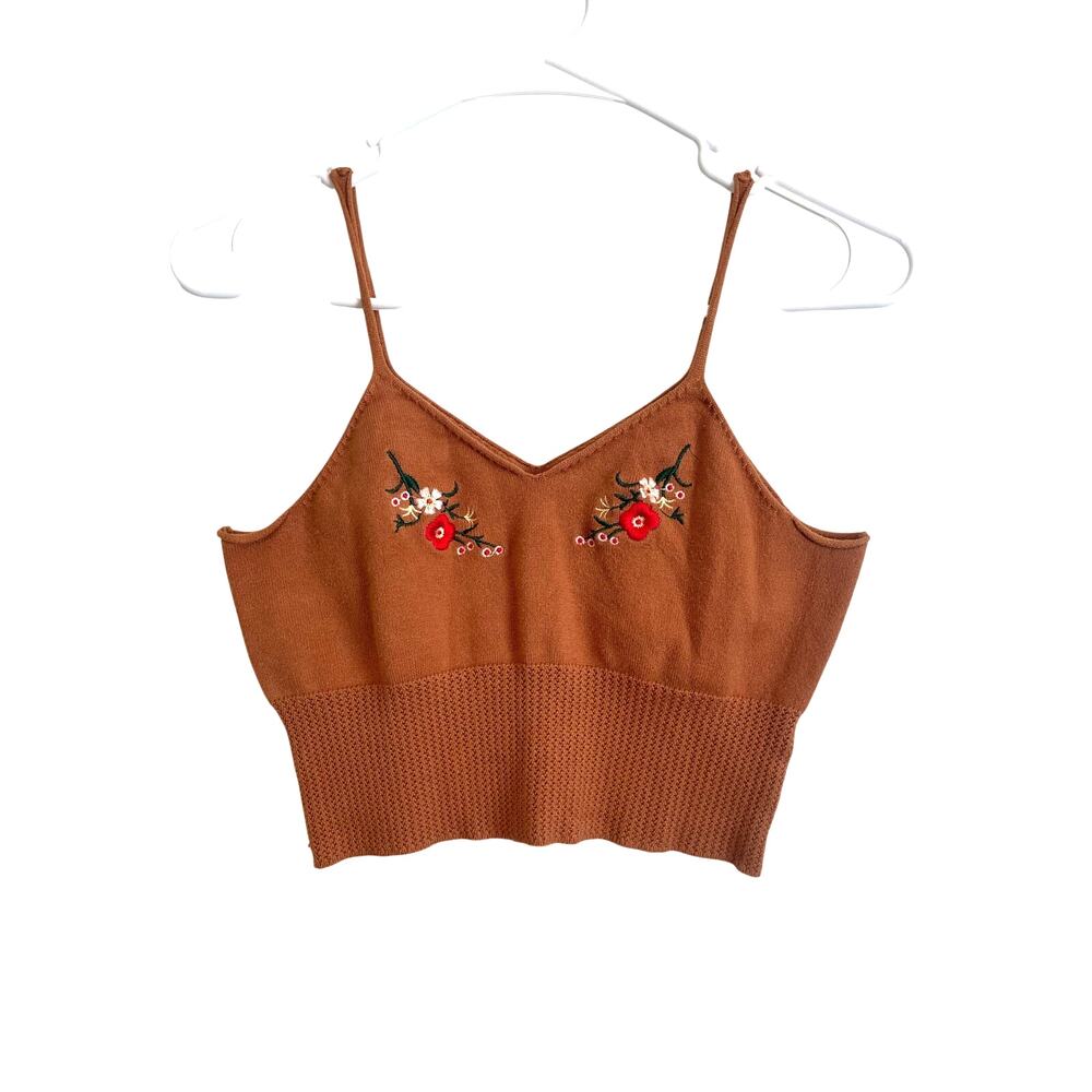 Romwe Brown Red Crop Knit Tank Top Embroidered Sleeveless Floral Boho Fairy Med